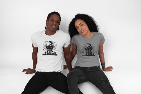 crew-neck-t-shirt-mockup-of-a-couple-sitting-at-a-studio-30763 Urban Art Inspired Unisex Tee, City of fear T-Shirt, Streetwear, Casual Outfit