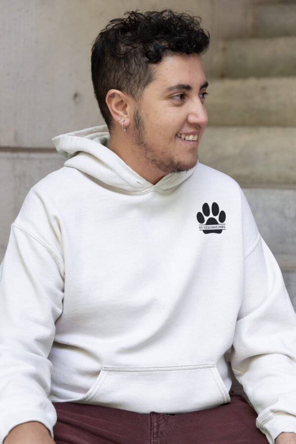 gildan-pullover-hoodie-mockup-featuring-a-cheerful-person-sitting-near-a-staircase-m39056 Funny Dog Lover Unisex Hoodie Printed Front and Back, Gift for Dog Lovers, Cozy Dog Hair Hoody, Animal Lover Clothing