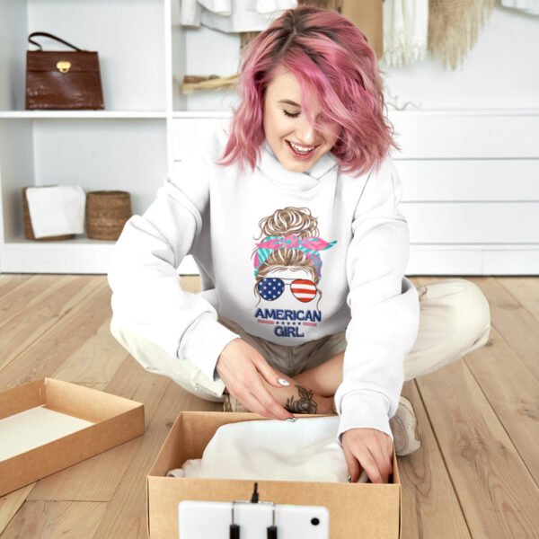 American Girl Women Hooded Long Sleeve Tee, Stylish Pullover for Summer Days, Perfect for Independence Day, Casual Wear, Trendy Gift American Girl Women Hooded Long Sleeve Tee, Stylish Pullover for Summer Days, Perfect for Independence Day, Casual Wear, Trendy Gift