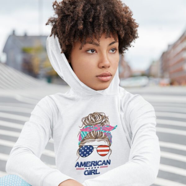 American Girl Women Hooded Long Sleeve Tee, Stylish Pullover for Summer Days, Perfect for Independence Day, Casual Wear, Trendy Gift American Girl Women Hooded Long Sleeve Tee, Stylish Pullover for Summer Days, Perfect for Independence Day, Casual Wear, Trendy Gift