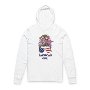 American Girl Women Hooded Long Sleeve Tee, Stylish Pullover for Summer Days, Perfect for Independence Day, Casual Wear, Trendy Gift