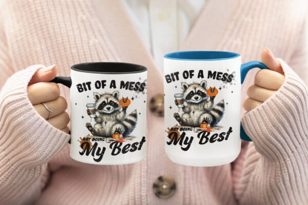drinkware-mockup-featuring-a-woman-holding-coffee-mugs-m51030 Whimsical Raccoon Coffee Mug, Cute Animal Lover Gift, Funny Quote Coffee Cup, Fun Home Decor, Perfect for Birthdays and Holidays