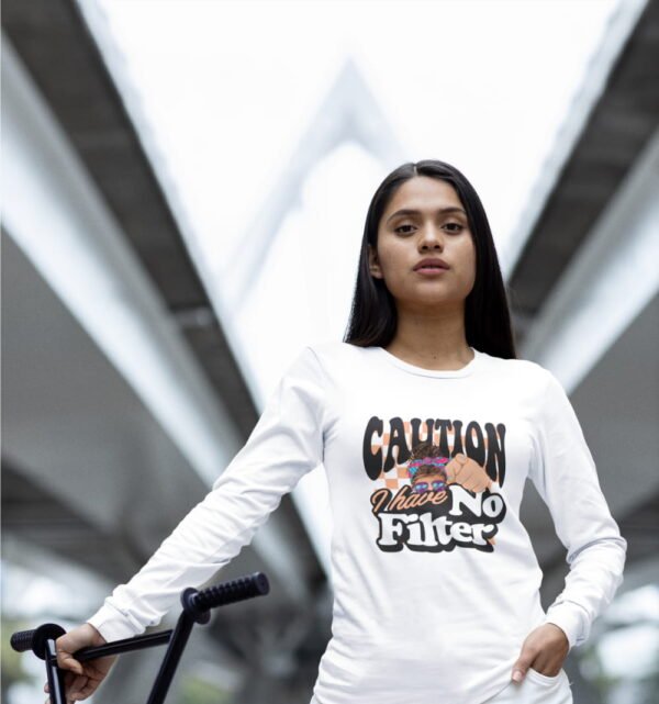 Caution No Filter Long Sleeve Tee, Funny T-Shirt, Gift for Friends, Casual Wear, Trendy Apparel, Party Outfit, Daily Comfort Caution No Filter Long Sleeve Tee, Funny T-Shirt, Gift for Friends, Casual Wear, Trendy Apparel, Party Outfit, Daily Comfort