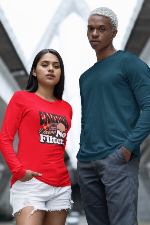 Caution No Filter Long Sleeve Tee, Funny T-Shirt, Gift for Friends, Casual Wear, Trendy Apparel, Party Outfit, Daily Comfort Caution No Filter Long Sleeve Tee, Funny T-Shirt, Gift for Friends, Casual Wear, Trendy Apparel, Party Outfit, Daily Comfort