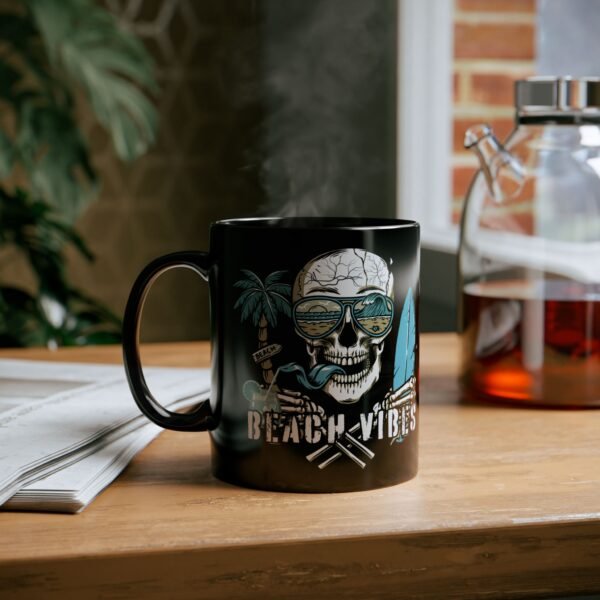 Beach Vibes Skull Mug , Black Ceramic Coffee Cup, Perfect for Surf Lovers, Summer Parties, Beach Days, or Gift for Him/Her