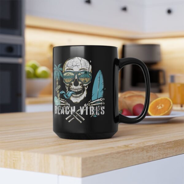 Beach Vibes Skull Mug , Black Ceramic Coffee Cup, Perfect for Surf Lovers, Summer Parties, Beach Days, or Gift for Him/Her