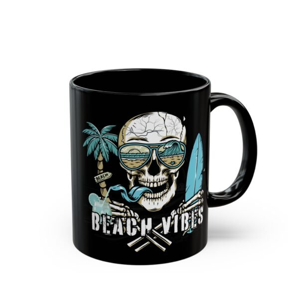Beach Vibes Skull Mug , Black Ceramic Coffee Cup, Perfect for Surf Lovers, Summer Parties, Beach Days, or Gift for Him/Her