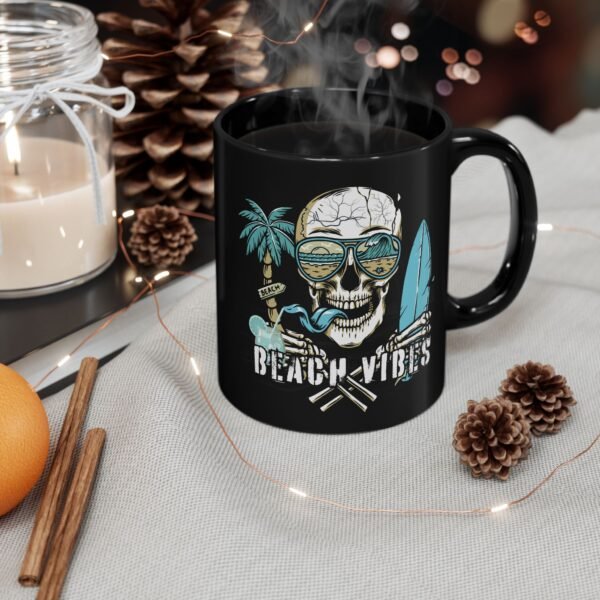 Beach Vibes Skull Mug , Black Ceramic Coffee Cup, Perfect for Surf Lovers, Summer Parties, Beach Days, or Gift for Him/Her