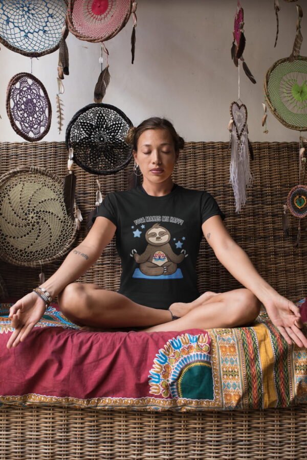 Yoga Makes Me Happy Sloth Tee, Cute Yoga Shirt, Sloth Lover Gift, Relaxation Top, Gift for Yogis, Funny Workout T-Shirt