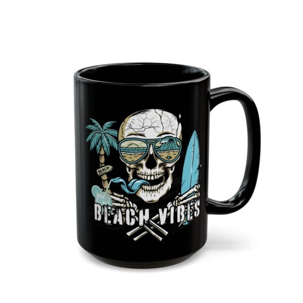 Beach Vibes Skull Mug , Black Ceramic Coffee Cup, Perfect for Surf Lovers, Summer Parties, Beach Days, or Gift for Him/Her