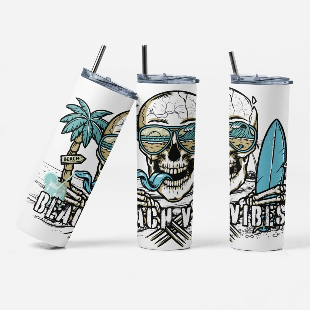 Beach Vibes Tumbler, Summer Tee, Surfing Apparel, Vacation Gift, Stainless Steel, Double-Wall Insulated, Lid & Straw