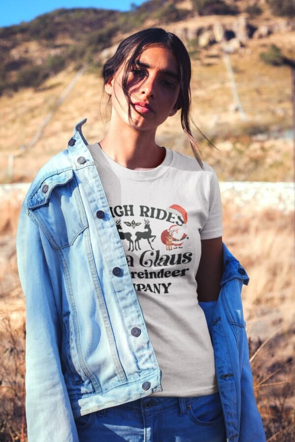 Sleigh Rides Santa Claus Flying Reindeer Company T-Shirt, Classic Crew, Casual Holiday Fashion