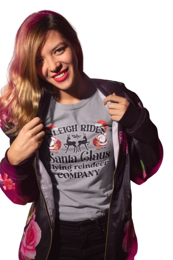 Sleigh Rides Santa Claus Flying Reindeer Company T-Shirt, Classic Crew, Casual Holiday Fashion
