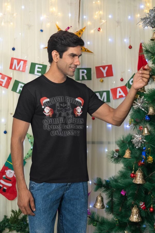 Sleigh Rides Santa Claus Flying Reindeer Company T-Shirt, Classic Crew, Casual Holiday Fashion
