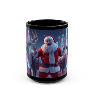 Christmas Santa Reindeer Black Mug,  Festive Holiday Coffee Cup (15oz)