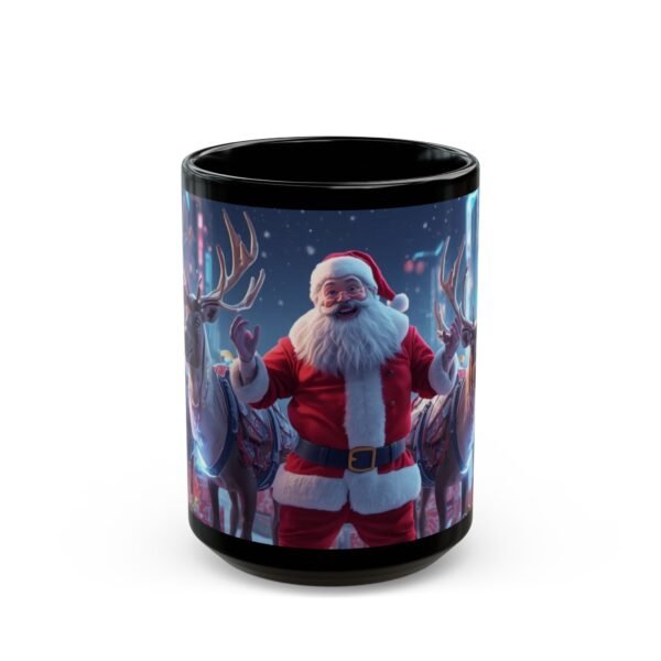 Christmas Santa Reindeer Black Mug,  Festive Holiday Coffee Cup (15oz)