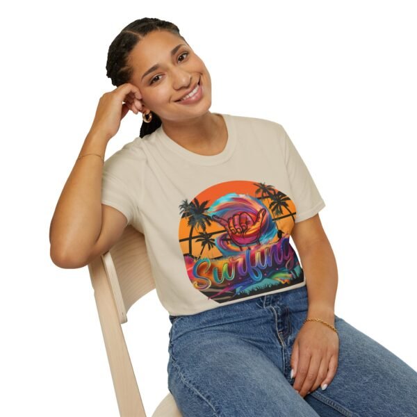 Unisex Surfing Sunset T-Shirt , Retro Tropical Palm Beach Graphic Tee