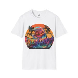 Unisex Surfing Sunset T-Shirt , Retro Tropical Palm Beach Graphic Tee