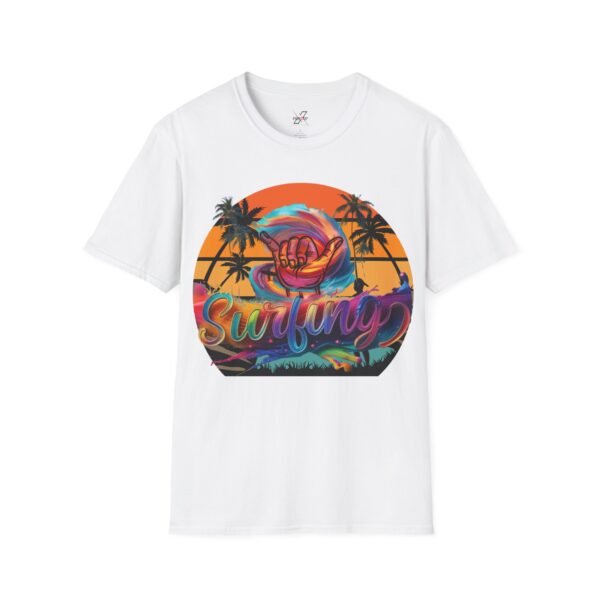 Unisex Surfing Sunset T-Shirt , Retro Tropical Palm Beach Graphic Tee