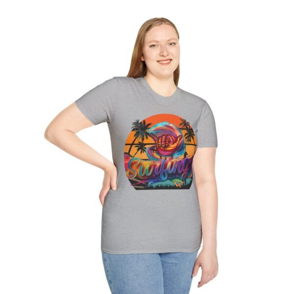 Unisex Surfing Sunset T-Shirt , Retro Tropical Palm Beach Graphic Tee