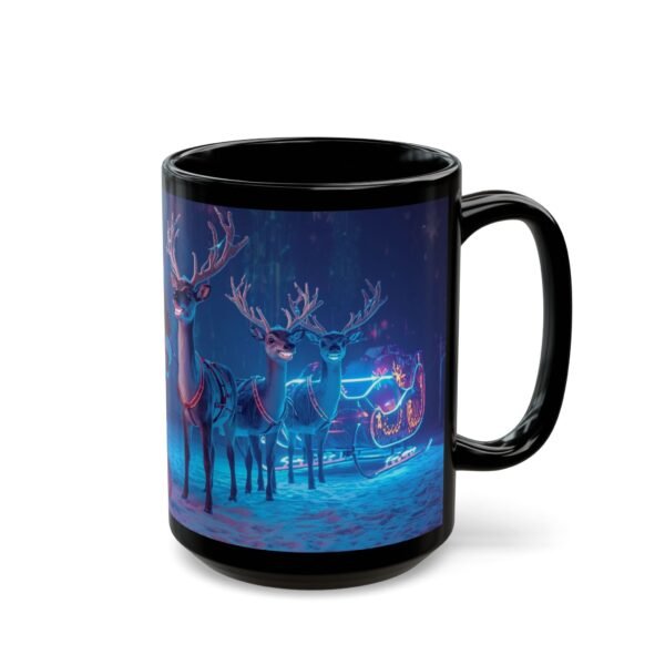 Christmas Santa & Reindeer Black Mug , Holiday Night Sleigh Scene (15oz), Glossy Black Ceramic Mug