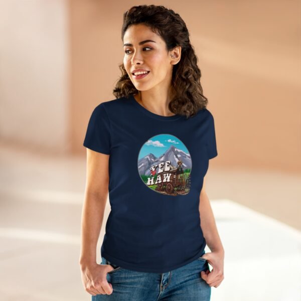 Cowboy Wagon Scene Women's Tee, Mountain Ranch Hayride Graphic Shirt