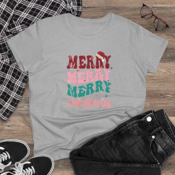 17746983528365007452_2048.jpeg Merry Merry Merry Christmas Tee, Women’s Festive Holiday T‑Shirt
