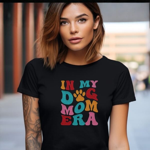In My Dog Mom Era T-Shirt , Women’s Dog Mom Tee, Colorful Retro Paw Design, Thread-Style Design