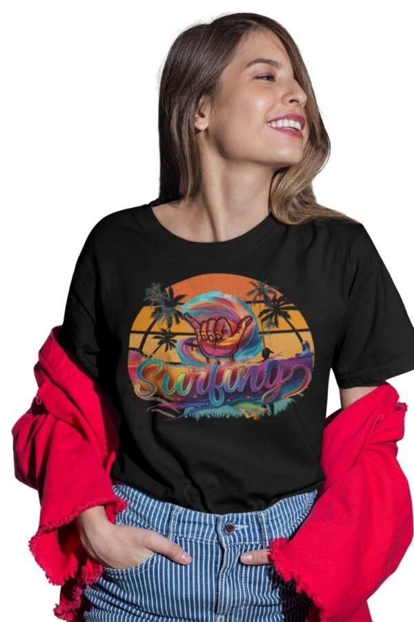 Unisex Surfing Sunset T-Shirt , Retro Tropical Palm Beach Graphic Tee
