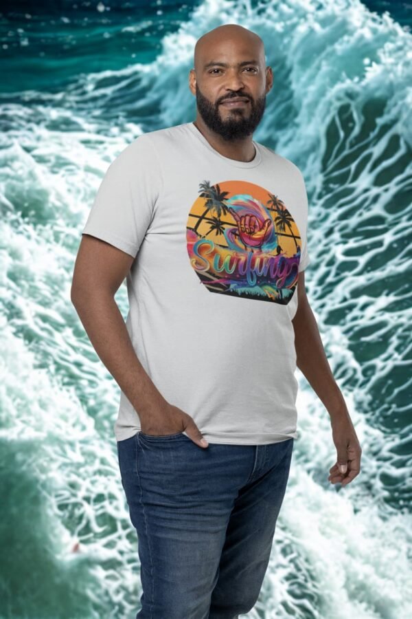 Unisex Surfing Sunset T-Shirt , Retro Tropical Palm Beach Graphic Tee