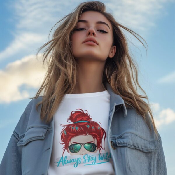 Always Stay Wild Tee, Women’s Graphic Shirt with Red Hair Bun & Sunglasses Always Stay Wild Tee, Women’s Graphic Shirt with Red Hair Bun & Sunglasses