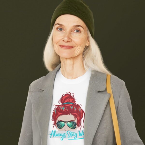 Always Stay Wild Tee, Women’s Graphic Shirt with Red Hair Bun & Sunglasses Always Stay Wild Tee, Women’s Graphic Shirt with Red Hair Bun & Sunglasses