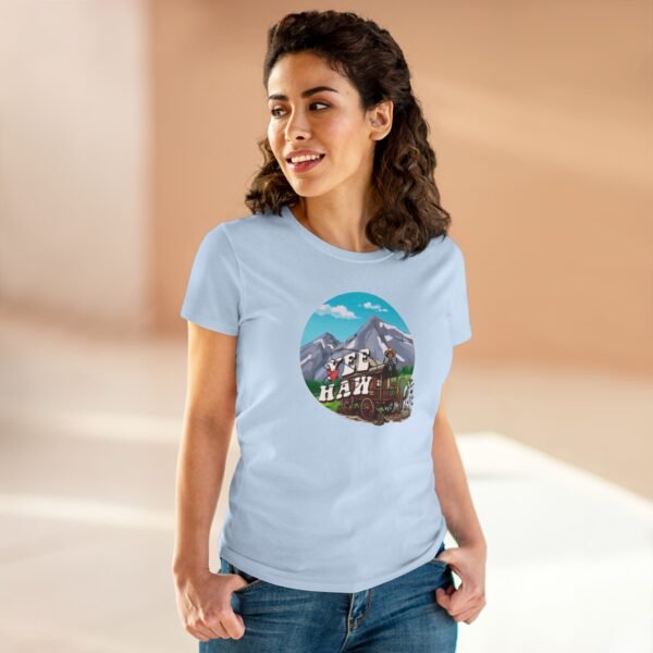 Cowboy Wagon Scene Women's Tee, Mountain Ranch Hayride Graphic Shirt