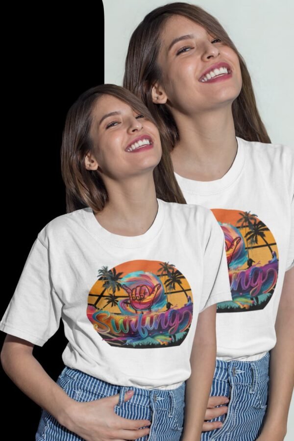 Unisex Surfing Sunset T-Shirt , Retro Tropical Palm Beach Graphic Tee