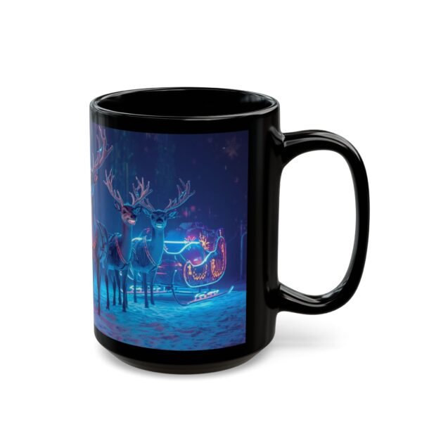 Christmas Santa & Reindeer Black Mug , Holiday Night Sleigh Scene (15oz), Glossy Black Ceramic Mug