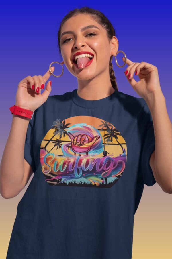 Unisex Surfing Sunset T-Shirt , Retro Tropical Palm Beach Graphic Tee