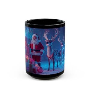 Christmas Santa & Reindeer Black Mug , Holiday Night Sleigh Scene (15oz), Glossy Black Ceramic Mug