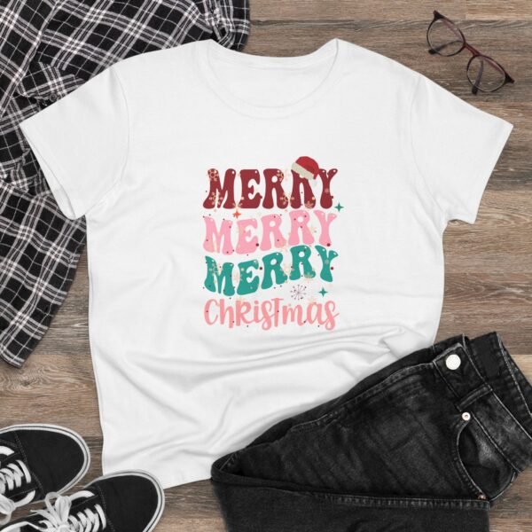 6475769684364520761_2048.jpeg Merry Merry Merry Christmas Tee, Women’s Festive Holiday T‑Shirt