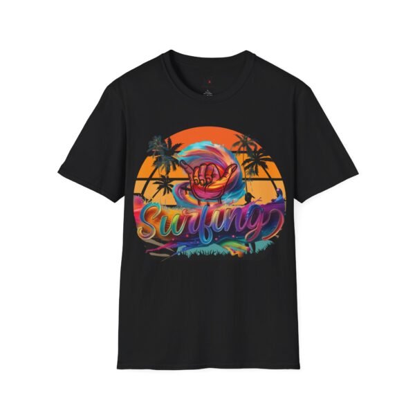 Unisex Surfing Sunset T-Shirt , Retro Tropical Palm Beach Graphic Tee