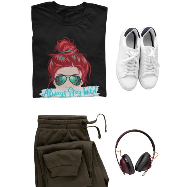 Always Stay Wild Tee, Women’s Graphic Shirt with Red Hair Bun & Sunglasses Always Stay Wild Tee, Women's Graphic Shirt with Red Hair Bun & Sunglasses