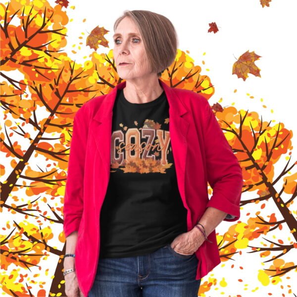 Cozy Season Women’s T-Shirt, Fall Leaves Autumn Graphic Tee, Effect Embroidery Style