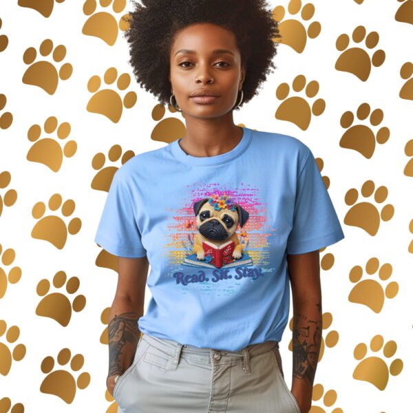 Pug Reading T-Shirt, Read. Sit. Stay Cute Book-Loving Dog Tee, Crochet Style Effect