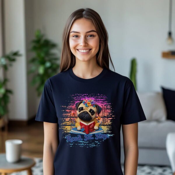 Pug Reading T-Shirt, Read. Sit. Stay Cute Book-Loving Dog Tee, Crochet Style Effect