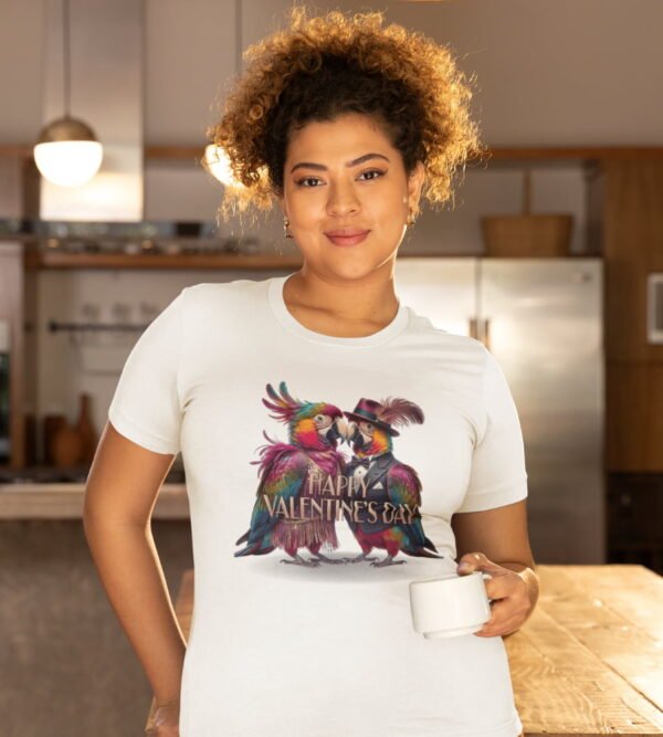 Valentine’s Day Pirate Parrot T-Shirt, Love Is in the Feathers, Women’s T-Shirt