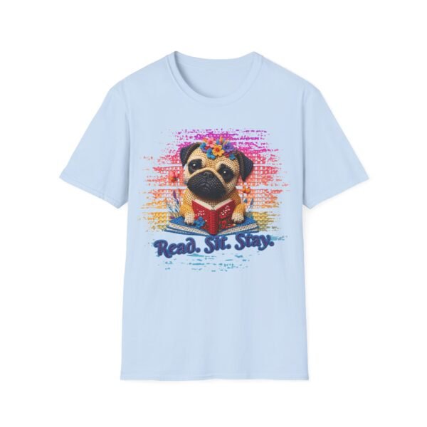 Pug Reading T-Shirt, Read. Sit. Stay Cute Book-Loving Dog Tee, Crochet Style Effect