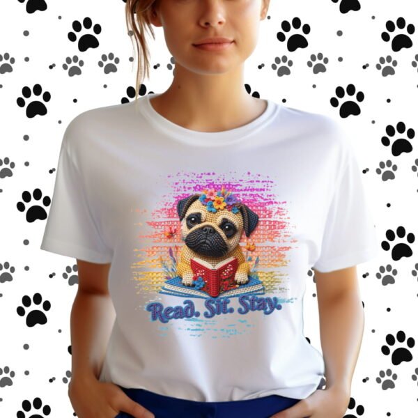 Pug Reading T-Shirt, Read. Sit. Stay Cute Book-Loving Dog Tee, Crochet Style Effect