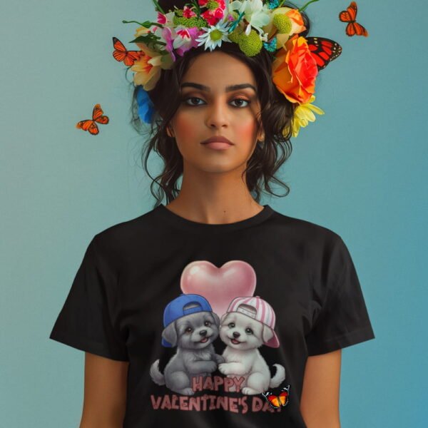 Valentine’s Day Puppies T-Shirt , Happy Valentine’s Day Cute Puppy Couple Tee, Women’s Tee