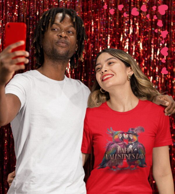 Valentine’s Day Pirate Parrot T-Shirt, Love Is in the Feathers, Women’s T-Shirt