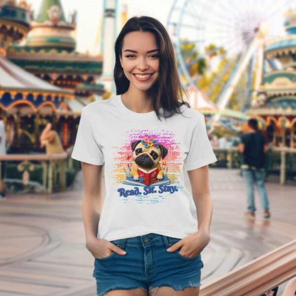 Pug Reading T-Shirt, Read. Sit. Stay Cute Book-Loving Dog Tee, Crochet Style Effect