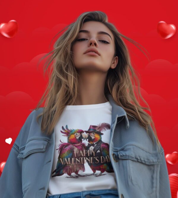 Valentine’s Day Pirate Parrot T-Shirt, Love Is in the Feathers, Women’s T-Shirt